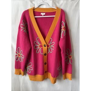 Oddy NWOT Women’s 1XL/2XL Preppy Retro Oversized Pink Flower Cardigan 3D Ribbed